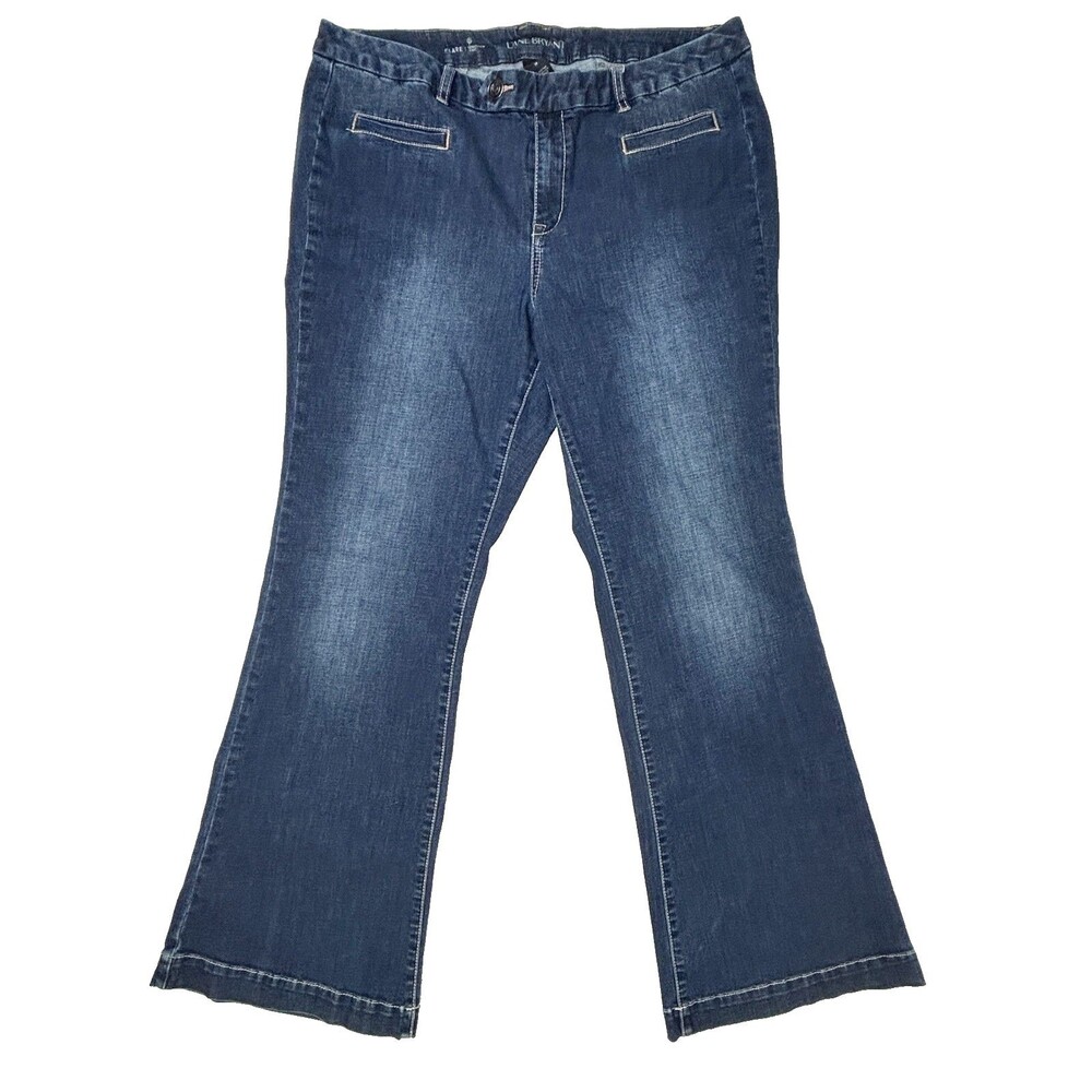 Lane Bryant Flare Jeans Genius Fit Deep Blue Denim Y2K White Stitching 18 Plus
